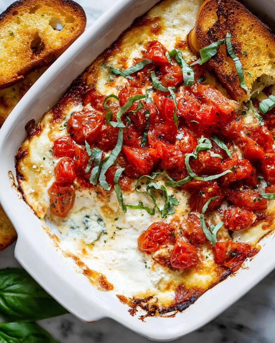 A white baking dish filled with three visible layers: the bottom layer is creamy white melted cheese with a slightly browned, bubbly texture near the edges; the second layer consists of bright red chunks of cooked tomatoes scattered unevenly on top, adding a juicy, shiny look; on the top layer, there are thin strips of fresh green basil leaves sprinkled over the tomatoes, along with a few toasted golden brown bread slices partially dipped into the cheese, showing a crispy texture. The dish rests on a white marbled surface with green basil leaves nearby. Photo taken with an iphone --ar 4:5 --v 7