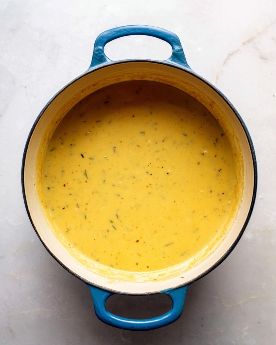 A top-down view of a thick smooth yellow soup with small specks of herbs and spices floating within it, filling a large blue cast iron pot with two handles. The inside of the pot has a slightly stained off-white enamel lining. The pot sits on a white marbled surface with soft light illuminating the scene, creating subtle shadows and highlights on the soup and pot. photo taken with an iphone --ar 4:5 --v 7