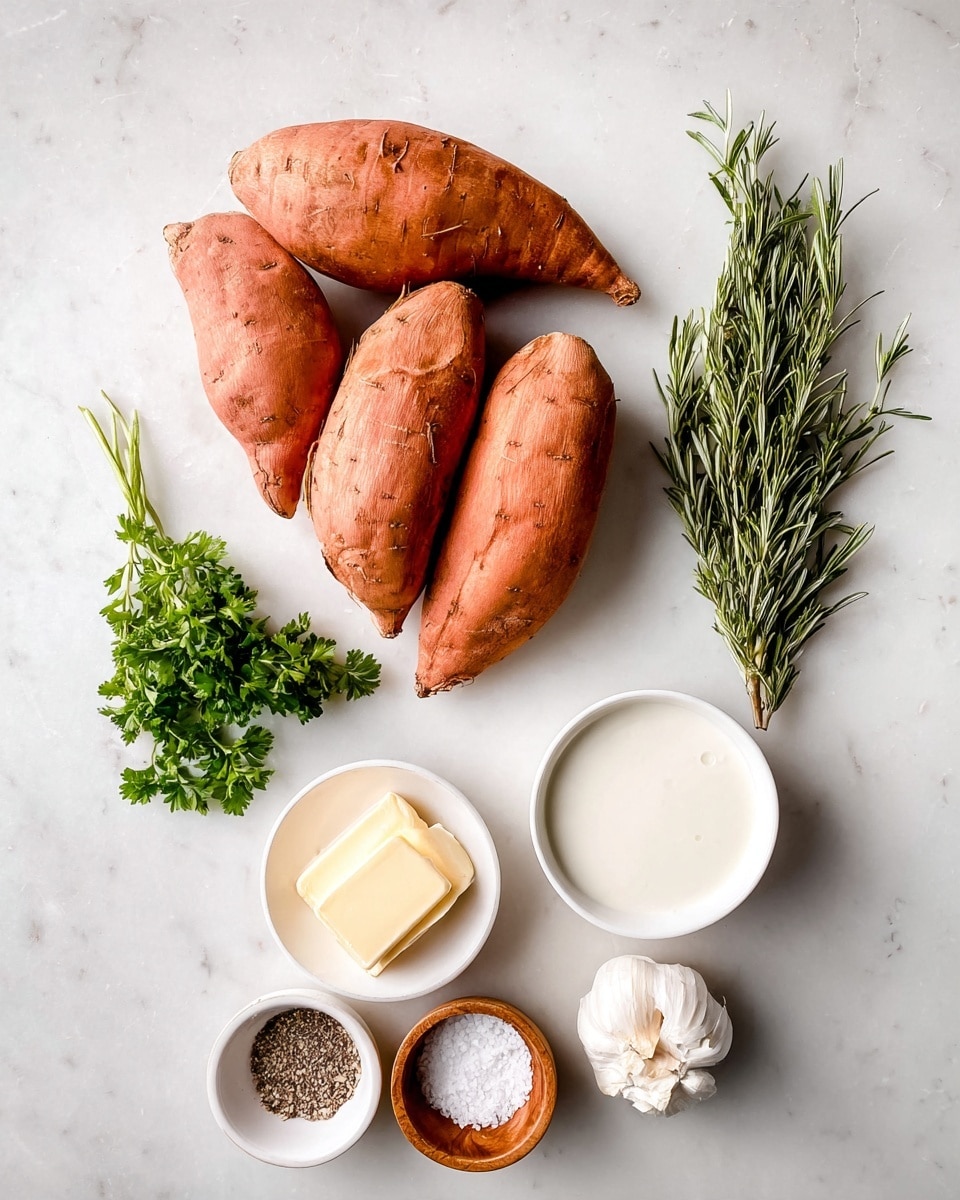 The image shows six raw sweet potatoes grouped together with their reddish-brown skins and rough texture on a white marbled surface. To the right of the potatoes, there is a long sprig of fresh rosemary with green needle-like leaves and a small bunch of fresh parsley with bright green detailed leaves. Below the sweet potatoes, there are small white dishes holding a pale yellow stick of butter and white sour cream. Below these, two small wooden bowls contain coarse black pepper and white salt. Further down, there is a small white bowl filled with a white liquid, possibly milk or cream, and a whole bulb of garlic sits on the white marbled surface. photo taken with an iphone --ar 4:5 --v 7