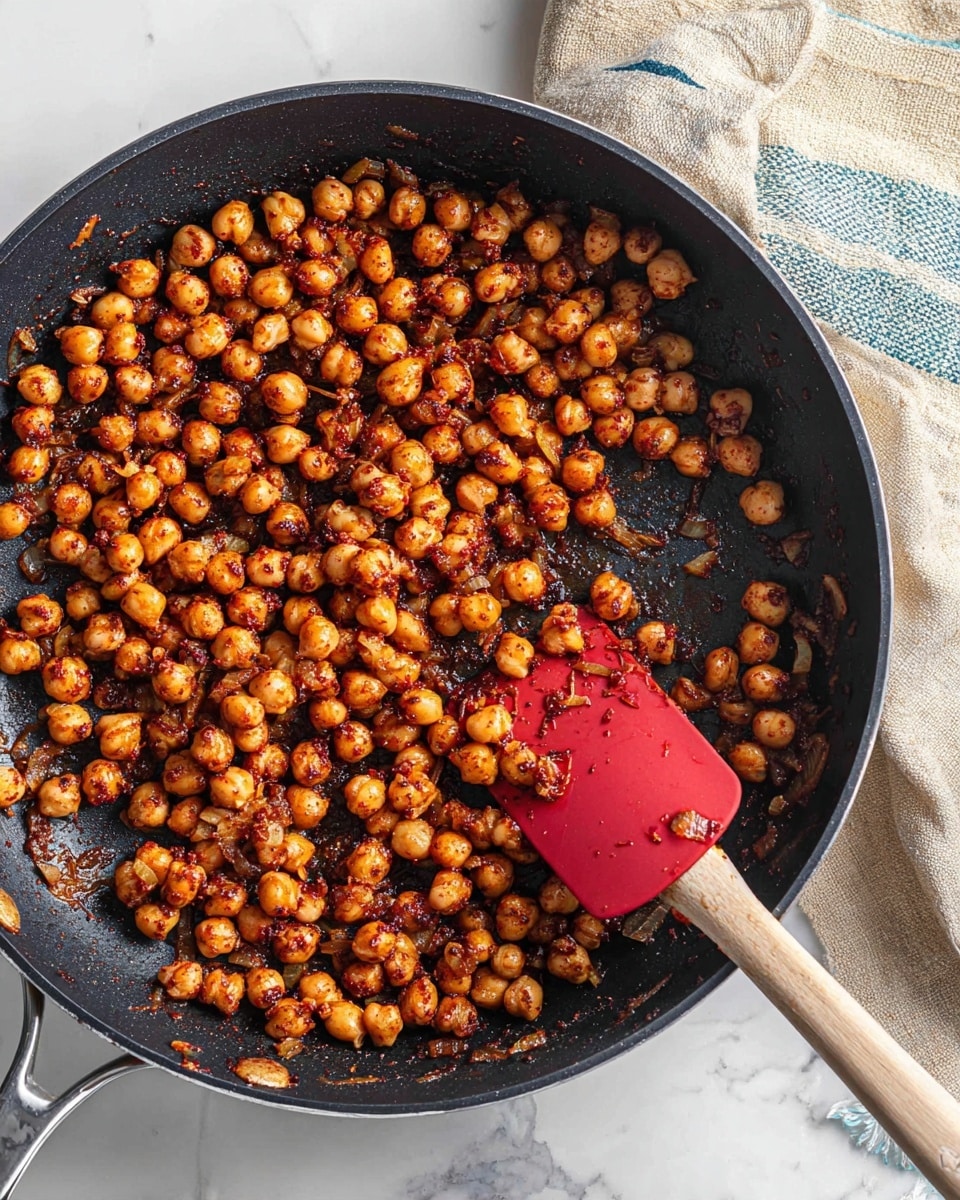 A black frying pan filled with one layer of cooked chickpeas mixed with dark reddish-brown spices and small bits of cooked onion, the chickpeas are glossy and coated well, a red silicone spatula is partly under the chickpeas on the right side, the pan handle is visible on the left, and the pan sits on a white marbled surface with a beige and blue cloth nearby photo taken with an iphone --ar 4:5 --v 7