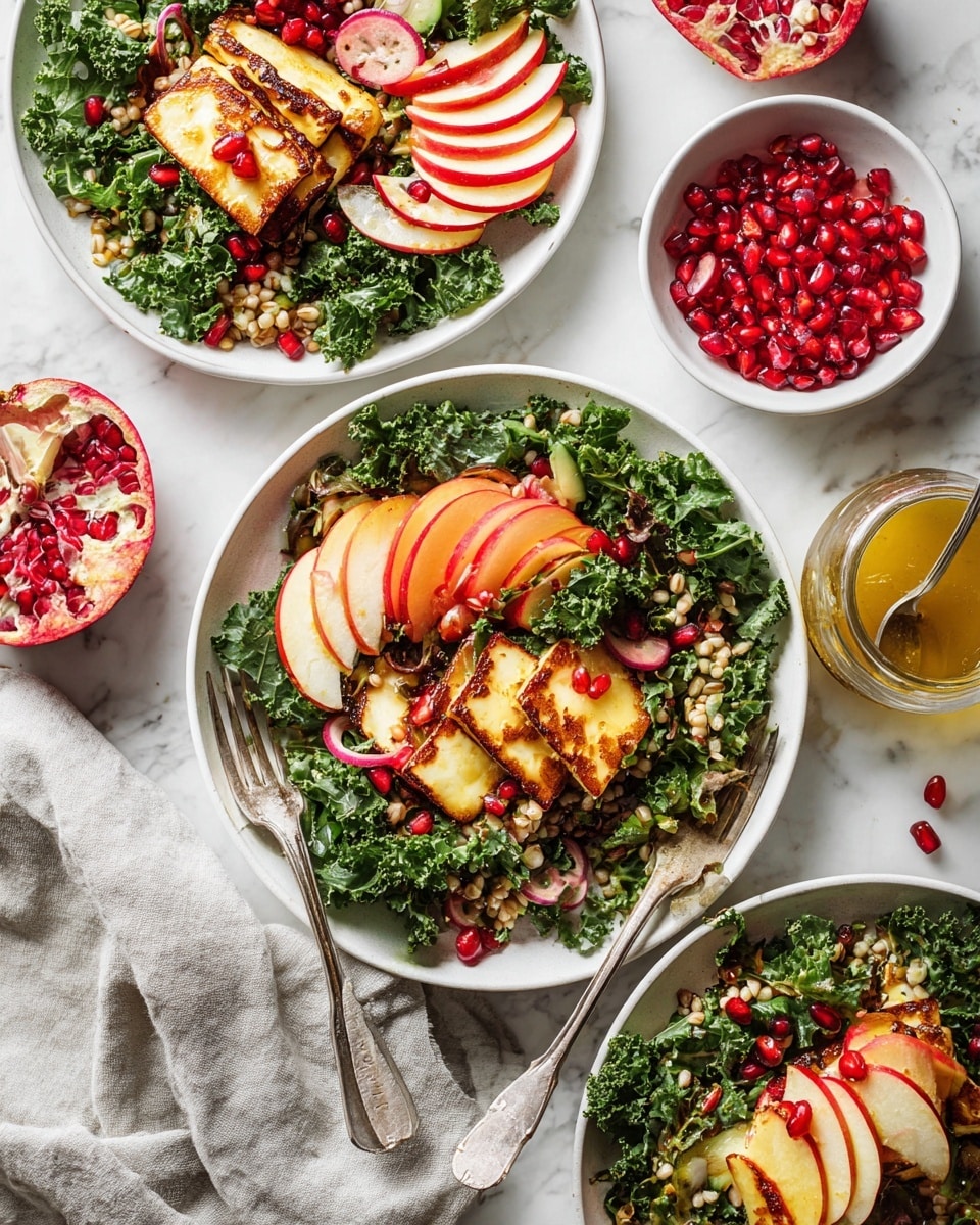 Three white plates sit on a white marbled surface, each layered with a fresh green kale base. On top, there are thin slices of red and yellow apple arranged on one side. Next, pomegranate seeds are scattered for a pop of red, along with small, round pieces of pearl barley and thin, pale pink rings of shallot. There are golden-brown grilled slices of halloumi cheese placed on top, showing a slightly crispy texture. A spoon with a dressing rests in a glass jar to the right, beside a small white bowl filled with pomegranate seeds and two red apples. The scene also shows a fork tucked into one of the plates, and a light gray cloth napkin nearby. photo taken with an iphone --ar 4:5 --v 7