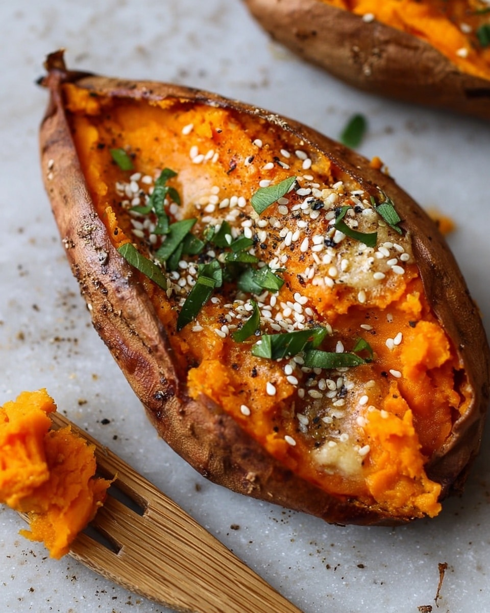 The image shows a close-up of a roasted sweet potato half lying on a wooden surface, replaced by white marbled texture. The sweet potato skin is dark brown and slightly burnt at the edges, while the inside orange flesh looks soft and smooth but firm. There are patches of melted creamy sauce drizzled on top, light beige in color. White sesame seeds are scattered across the surface, and small green chopped scallion pieces are sprinkled throughout. The photo taken with an iphone --ar 4:5 --v 7