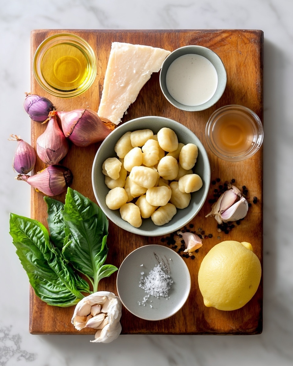 A wooden board sits on a white marbled surface with different ingredients arranged neatly. In the center, there is a grey bowl with light yellow gnocchi. To the left of the bowl is a wedge of pale Parmesan cheese and a small clear glass bowl of golden olive oil. Above the bowl, a small grey bowl holds white heavy cream, and to the right, there is a small clear bowl with light brown vegetable stock. At the bottom left of the board, green basil leaves, purple shallots, and a garlic bulb are placed together. Below the bowl in the center, a small grey dish contains coarse white sea salt with black peppercorns scattered around. On the bottom right corner of the board, there is a bright yellow lemon and a half garlic bulb on the white marbled surface. The image is well lit with soft, natural light. photo taken with an iphone --ar 4:5 --v 7