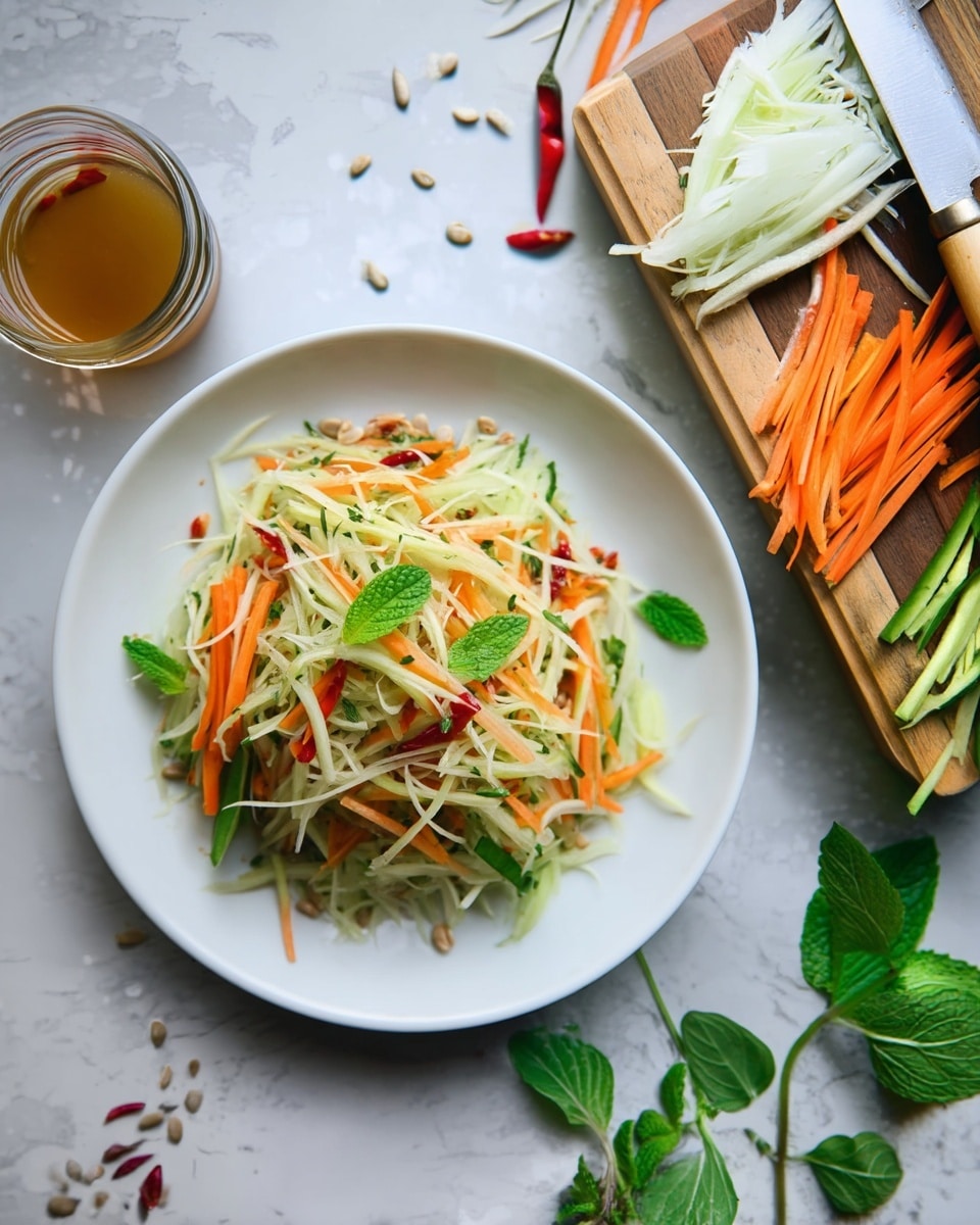 A white bowl holds a fresh salad with thin layers of light green shredded cabbage and cucumber, bright orange carrot strips, and small red chili pieces scattered throughout. There are green mint leaves on top and sunflower seeds sprinkled all over. A silver spoon rests inside the bowl on the right side. In the background, there is a blurred glass jar with honey and a wooden board with more shredded vegetables on a white marbled surface. photo taken with an iphone --ar 4:5 --v 7