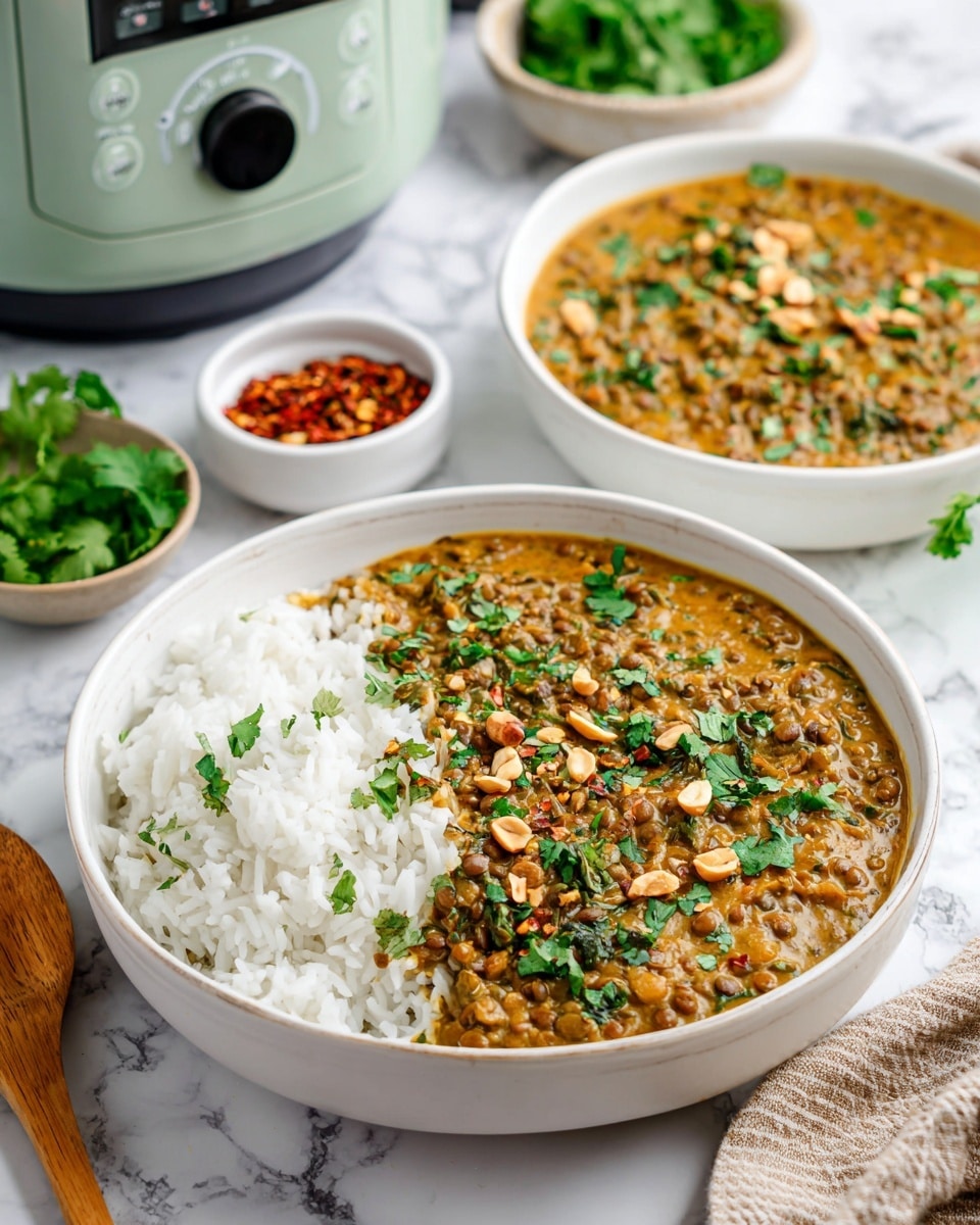 A white bowl filled with cooked white rice on one side, and brown lentil curry on the other side, topped with chopped green cilantro and small pieces of light brown nuts, sits on a white marbled surface. In the background, there is a white bowl with green vegetables and another bowl with more rice and lentils, also garnished with green cilantro and nuts. Near the bowls, there is a small white cup filled with red chili flakes and another white bowl with green cilantro leaves. A light green kitchen appliance with a digital screen and dial is partly visible behind the bowls. A wooden spoon is seen on the left side of the main bowl. photo taken with an iphone --ar 4:5 --v 7