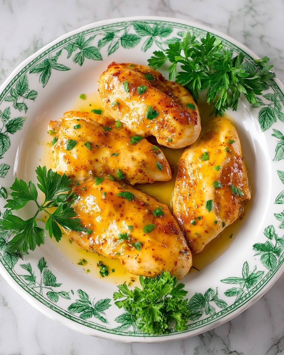 Four golden brown cooked pieces of chicken are placed on a white plate with green leaf patterns. The chicken pieces are covered with a shiny, light yellow sauce with small green herb bits sprinkled on top. Fresh green parsley sprigs are placed near the chicken around the edges of the plate. The plate is set on a white marbled surface. photo taken with an iphone --ar 4:5 --v 7