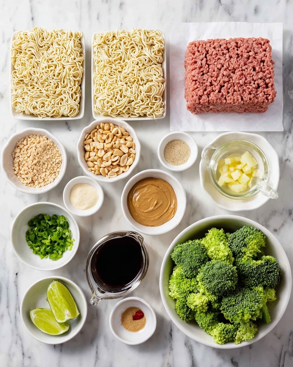 The image shows a white marbled surface with small white bowls and dishes arranged in an organized way, holding different ingredients. In the center-right is a block of raw ground meat on white paper. Above it, two squares of uncooked instant noodles rest side by side, and to the right, a white bowl full of fresh green broccoli florets. Around these main items, smaller bowls include crushed peanuts with a light brown color, a smooth light peanut butter spread, fresh green chopped herbs with scallions, a bowl of yellow chopped garlic, a small dish with various powdered spices in beige and a small red spot, brown sugar or a similar fine brown powder, and lime wedges with bright green skin and pale green inside. There is also a small glass pitcher filled with dark soy sauce and another container with light clear oil. All bowls and dishes are white, creating a clean look. Photo taken with an iphone --ar 4:5 --v 7