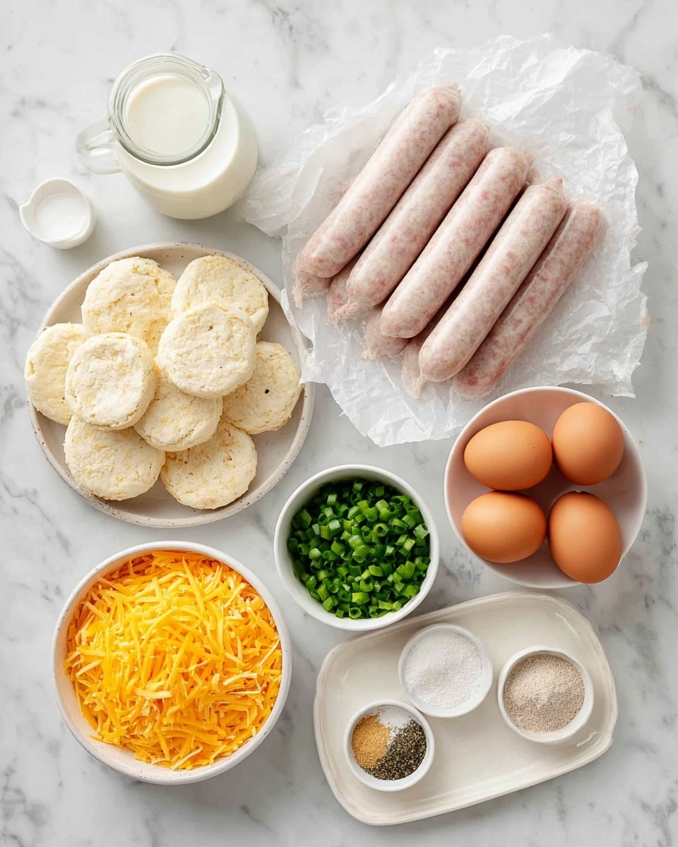 The image shows a white marbled surface with several bowls and ingredients arranged neatly. In the center, there is a pile of raw sausages, pale pink with small bits of fat visible, resting on white paper. To the left, a white bowl holds eight biscuit dough disks arranged in a circle. Below the sausages, a white bowl is filled with bright orange shredded cheddar cheese. On the right side, a white mug contains four brown eggs. Above this, a small white bowl holds chopped green onions, bright green and fresh. Next to it, a white plate has four piles of seasonings: salt, black pepper, garlic powder, and onion powder. In the top left corner, there is a clear glass jug with milk. The whole setting is clean and organized, ready for cooking photo taken with an iphone --ar 4:5 --v 7