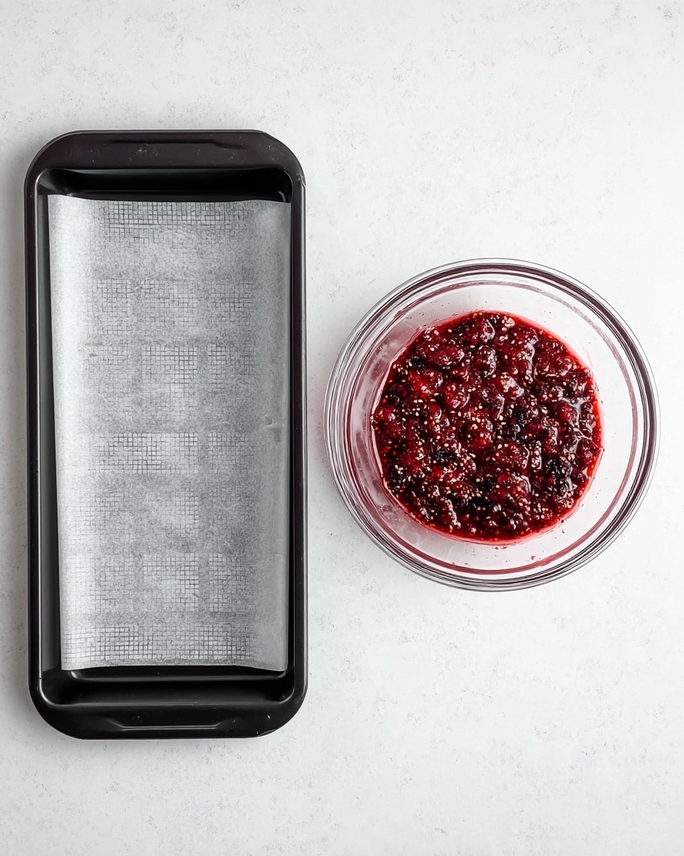 The image shows a black rectangular baking tray on the left side, lined with a sheet of parchment paper with light grid patterns and faint text. On the right side, there is a clear glass bowl filled with a chunky, dark red mixture that looks like crushed berries or a sauce with small seeds visible. Both items are placed on a white marbled texture surface, photographed from above. photo taken with an iphone --ar 4:5 --v 7