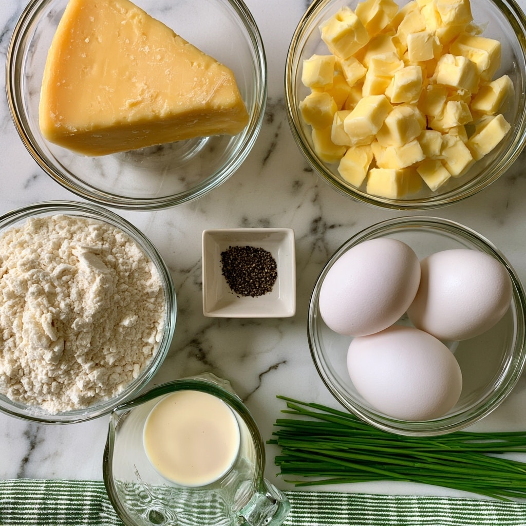A top-down view of cooking ingredients arranged on a white marbled surface, featuring five clear glass bowls and a measuring cup. In the top left is a bowl holding a large wedge of yellow cheese labeled västerbottenost or gruyere. Next to it, on the right, is a bowl filled with many small, yellow cubes of butter. Below the cheese is a bowl full of white flour. In the center is a small square dish containing black pepper. To the right of the flour and pepper are three white eggs inside a clear bowl. Near the bottom, a glass measuring cup holds a light cream liquid. Next to the cup are bright green chives lying horizontally. A green and white striped cloth is visible at the bottom edge of the frame. The photo taken with an iphone --ar 4:5 --v 7