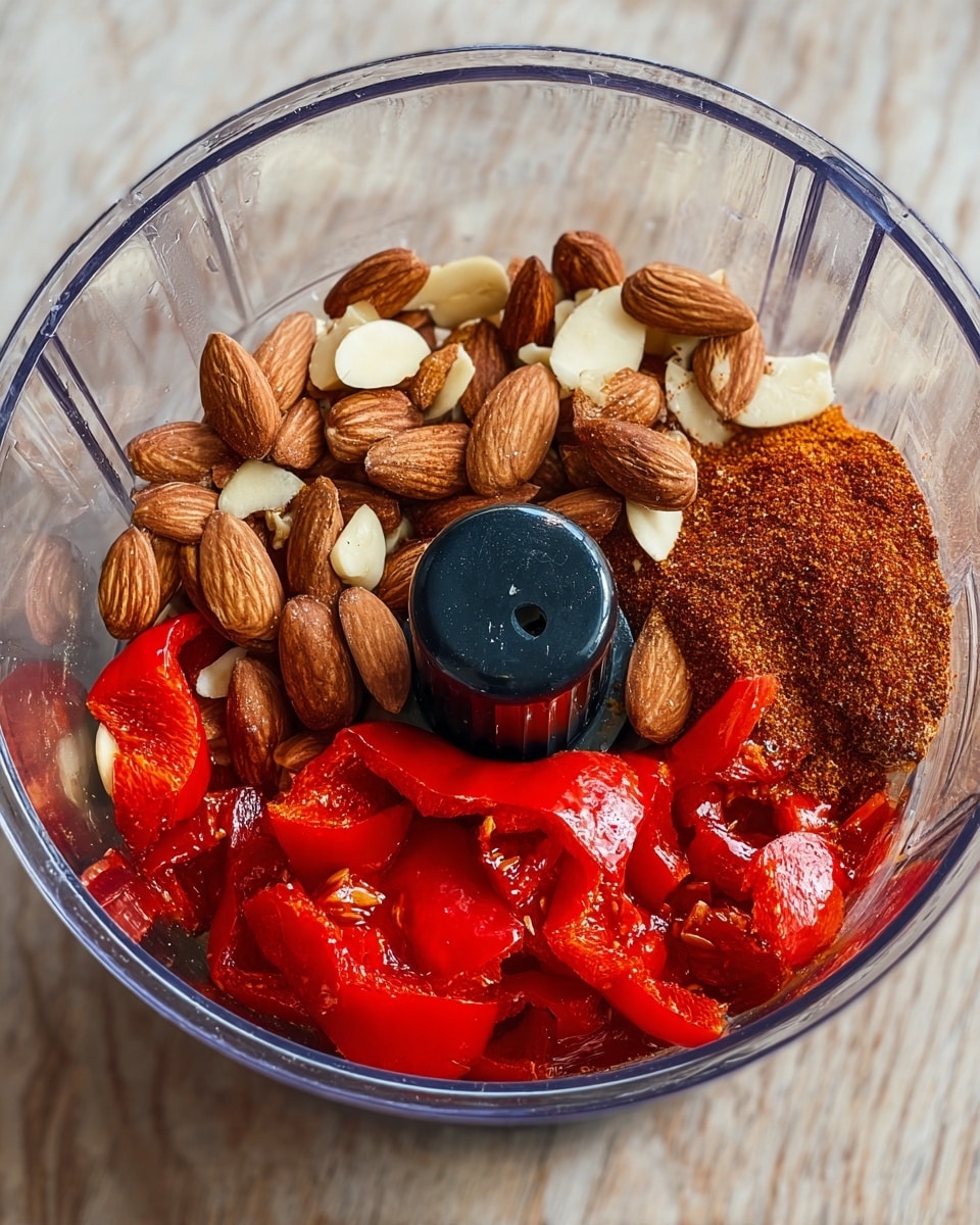 A clear food processor bowl shows three layers inside: the bottom layer has shiny, bright red roasted peppers with soft textures; the middle layer has whole, smooth almonds scattered evenly; the top layer has a pile of brown chili powder over some almonds on the right side. The black central blade holder is in the middle. The bowl is placed on a white marbled surface. photo taken with an iphone --ar 4:5 --v 7