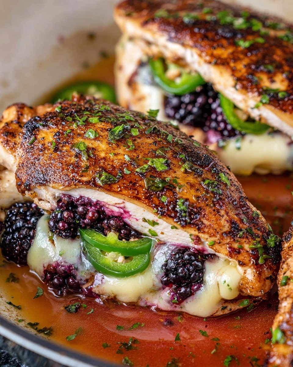The image shows two grilled chicken pieces, each stuffed with three visible layers: a bottom layer of melted white cheese, a middle layer of fresh blackberries with their deep purple-black texture, and a top layer of thinly sliced green jalapeño peppers. The chicken has a golden-brown, slightly charred surface sprinkled with green herbs, resting in a light reddish sauce pooled in a white marbled pan. The close-up view highlights the juicy and seasoned texture of the chicken skin and the contrast between the vibrant green jalapeño, dark blackberries, and creamy cheese inside. photo taken with an iphone --ar 4:5 --v 7
