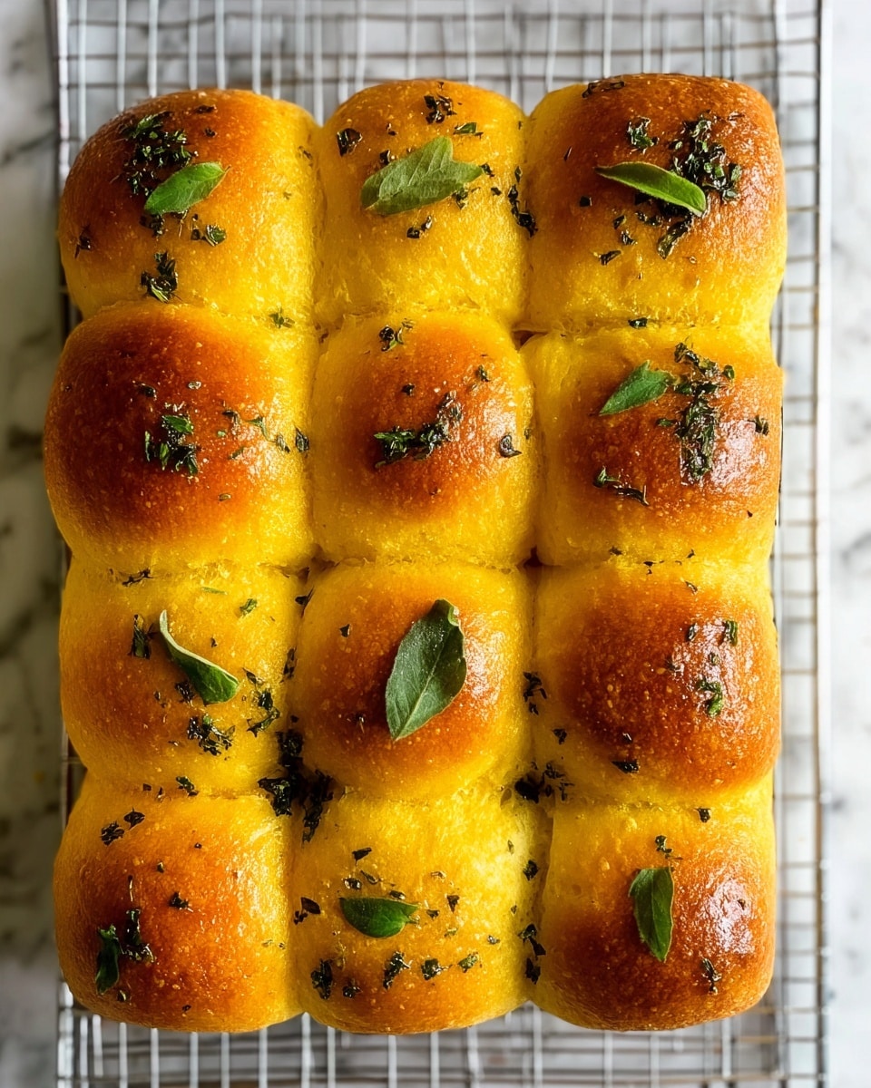 The image shows a close-up of nine golden brown bread rolls arranged in a 3 by 3 square on a metal wire cooling rack over a white marbled surface. The bread rolls have a shiny, slightly crisp top with a soft texture, and are sprinkled with green herb leaves, some whole and some chopped, adding a fresh, vibrant touch. Each roll is distinct but touches the others, creating a soft grid pattern. The warm yellow tones of the bread contrast with the deep green herbs, making the rolls look fresh and appetizing. photo taken with an iphone --ar 4:5 --v 7