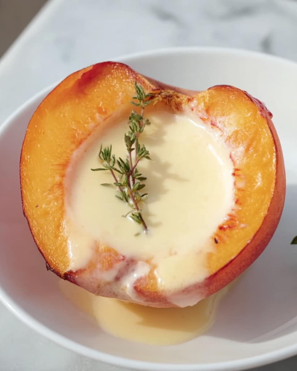 A white plate shows a halved peach lying flat, with its hollow center filled with a smooth, creamy light yellow custard. The peach’s skin is a warm orange with a soft texture, slightly shiny and ripe. On top of the custard sits a small sprig of green thyme, adding a fresh touch to the dessert. The peach is on a white marbled surface, giving a clean and bright background. photo taken with an iphone --ar 4:5 --v 7