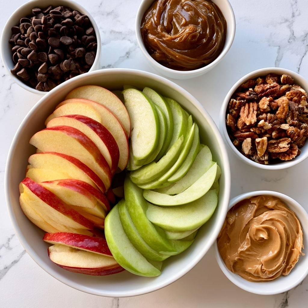 A large white bowl in the center filled with two types of apple slices arranged side by side: on the left, red apple slices with pale yellow flesh and on the right, green apple slices with light green flesh. Surrounding the main bowl are four smaller white bowls placed on a white marbled surface. The top left bowl is filled with dark mini chocolate chips, the top right bowl contains thick, smooth date caramel sauce in a brown shade, the bottom left bowl holds toasted pecans in varied brown tones, and the bottom right bowl has creamy almond or peanut butter in a warm light brown color. The overall setup is clean and bright with natural light highlighting the different textures and colors of the ingredients. Photo taken with an iphone --ar 4:5 --v 7