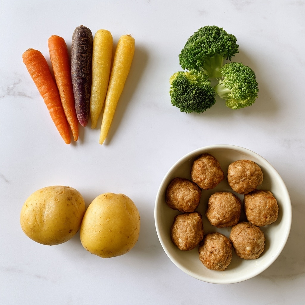 The image shows a white marbled surface with four groups of food items spaced apart. At the top left, five small carrots in different colors including orange, purple, and yellow are arranged with their pointed ends angled outward. At the top right, three small broccoli florets are grouped close together showing bright green color and textured tops. At the bottom left, two round yellow potatoes are placed close side by side. At the bottom right, a white bowl holds seven evenly spaced, round brown chicken meatballs with a slightly rough surface. Each food group is labeled with simple black handwritten text next to it. Photo taken with an iphone --ar 4:5 --v 7