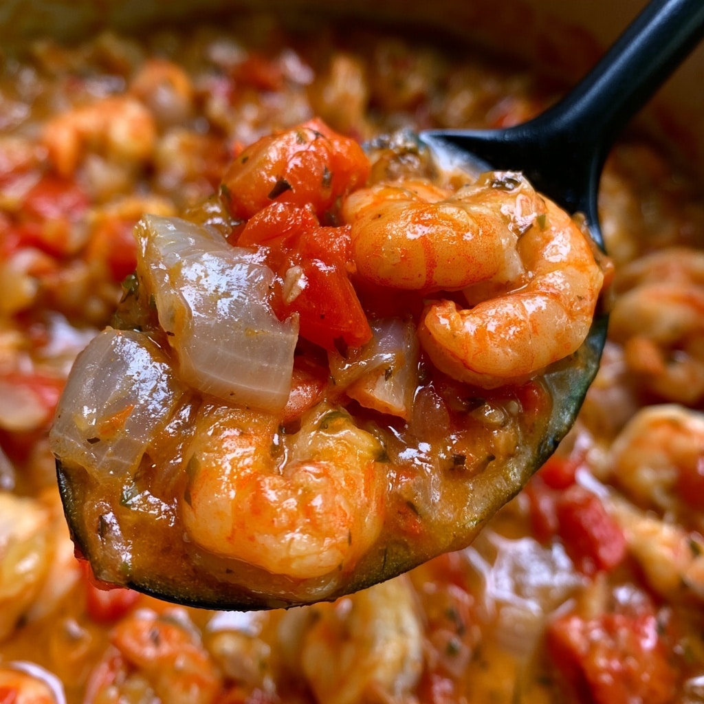 A close-up view of a black spoon holding a mix of small orange shrimp, translucent cooked onion pieces, and diced red tomatoes in a thick, orange-brown sauce with visible herbs and spices. The background is a pot filled with the same chunky stew, showing more shrimp and vegetables immersed in the sauce. The texture looks soft and juicy, with the shrimp slightly shiny and curled. photo taken with an iphone --ar 4:5 --v 7