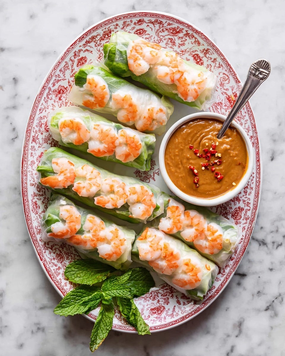 The image shows a white oval plate with a red and floral pattern on the edge, placed on a white marbled surface. The plate holds ten fresh spring rolls, each wrapped in translucent rice paper revealing bright orange and white shrimp lined up in pairs on the top layer. Inside, underneath the shrimp, there is a layer of green lettuce leaves visible through the wrapper. To the side of the spring rolls on the plate, there is a small white bowl filled with a thick, brown peanut sauce garnished with red chili flakes, and a small silver spoon rests inside the bowl. A few fresh green mint leaves are placed next to the bowl for garnish. photo taken with an iphone --ar 4:5 --v 7
