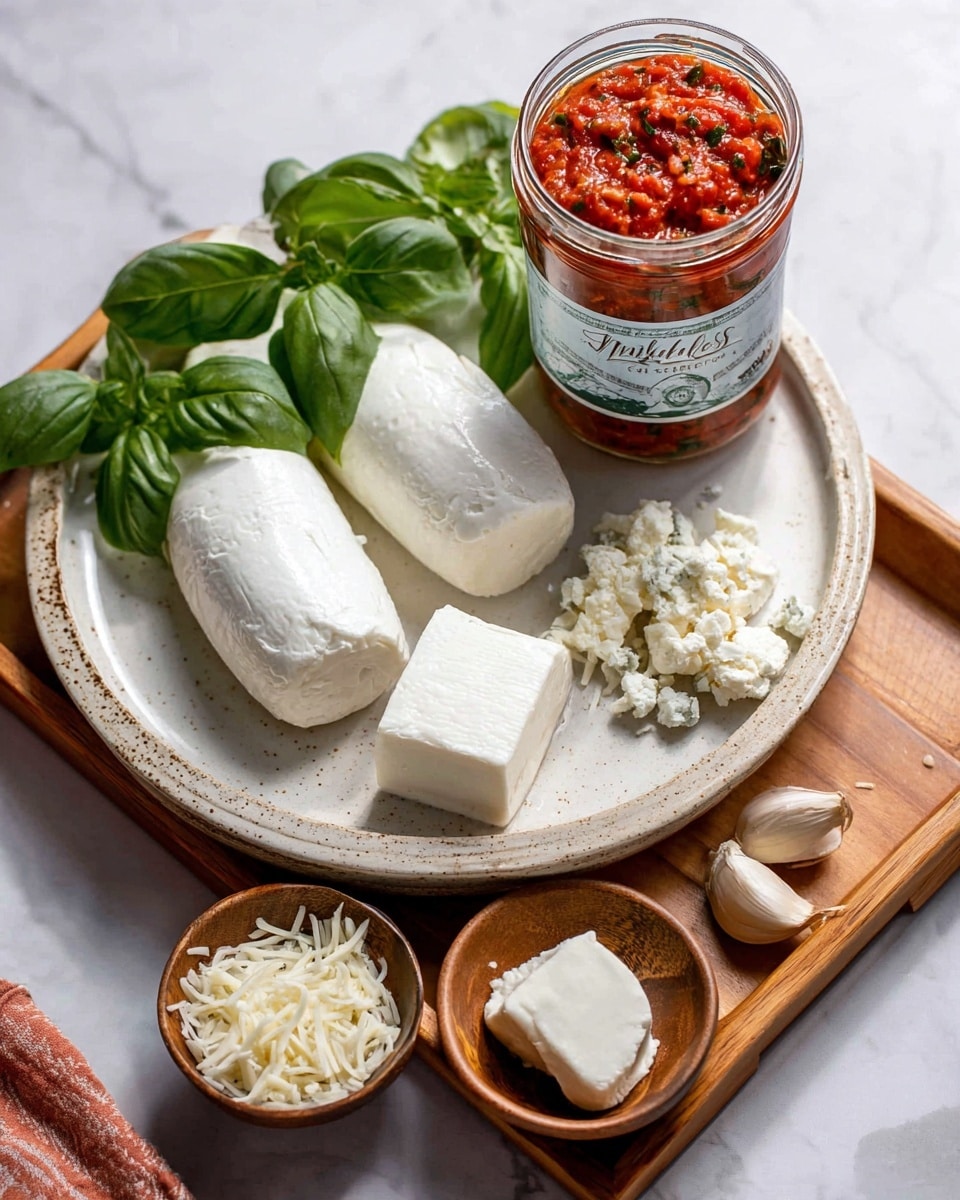 A round white speckled plate holds two white logs of soft cheese, placed side by side, next to a cluster of bright green basil leaves. To the right of the plate, a glass jar filled with chunky red tomato bruschetta with visible herbs stands upright, showing a silver lid and detailed label. Below the plate, on a white marbled surface, there is a small white speckled bowl with a square block of white cream cheese and a wooden bowl filled with white shredded cheese. Nearby, a small wooden bowl contains white creamy cheese with a soft texture, and next to it, a small dish holds a few peeled garlic cloves. The whole setup is arranged on the white marbled surface and wooden tray in soft natural light. Photo taken with an iphone --ar 4:5 --v 7