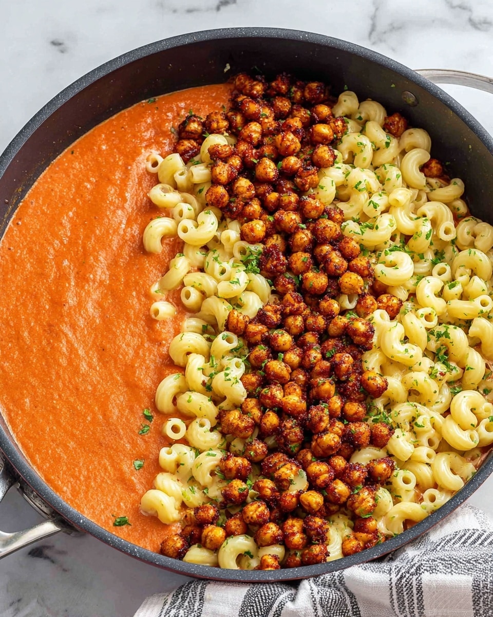A black pan filled with three main layers: on the far left is a smooth, thick tomato cream sauce in a rich orange-red color; in the middle and right, slightly overlapping the sauce, there is a layer of cooked pasta shaped like short curved tubes, pale yellow with a glossy texture, sprinkled lightly with green herbs; on top of both layers, a final layer of small, round, browned chickpeas with a crispy and slightly charred look, adding contrast. The pan sits on a white marbled surface with a striped cloth nearby. Photo taken with an iphone --ar 4:5 --v 7