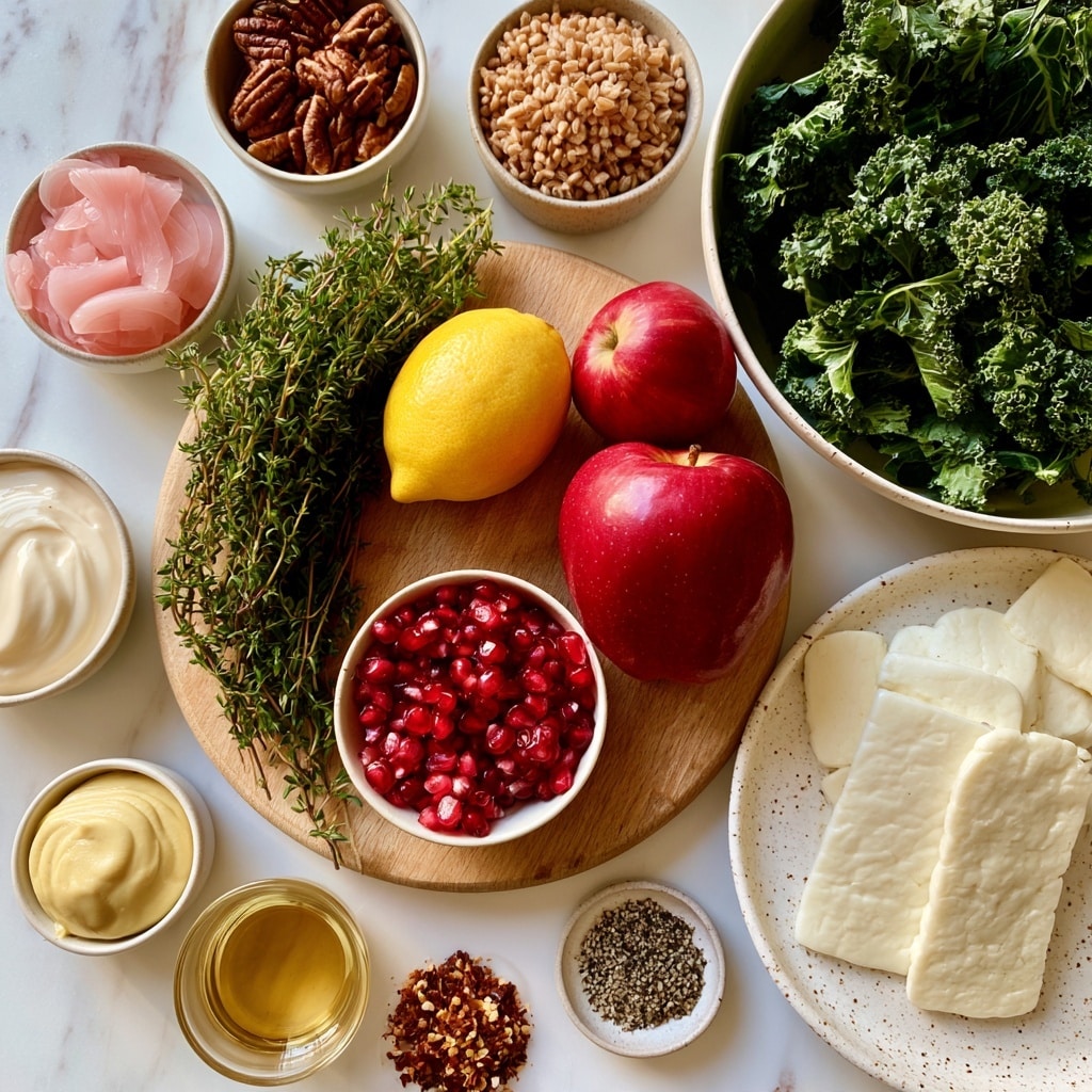 The image shows a flat lay of many fresh ingredients arranged on a white marbled surface, ready for a salad. In the center is a wooden round board with a bunch of fresh green thyme, a yellow half lemon, two shiny red apples, and a small white bowl filled with bright red pomegranate seeds. Surrounding the board are small cups and bowls holding pale pink pickled shallots, brown pecans, and light brown farro grains. Next to these are larger bowls with dark green leafy kale, and thick white slices of halloumi cheese on a speckled white plate. Small bowls contain smooth white mayo, pale yellow Dijon mustard, golden vinegar, chili flakes, and a scattering of cracked black pepper. All items rest neatly without overlap, and the light highlights the colors and textures of each ingredient. photo taken with an iphone --ar 4:5 --v 7