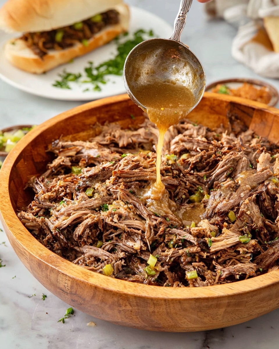 A large wooden bowl filled with shredded brown cooked meat mixed with small bits of green peppers. A shiny metal ladle held by a woman's hand pours golden brown sauce over the meat. In the background, there is a white marbled surface with some chopped green herbs and a sandwich filled with the same shredded meat. The sandwich is on a white plate. Photo taken with an iphone --ar 4:5 --v 7
