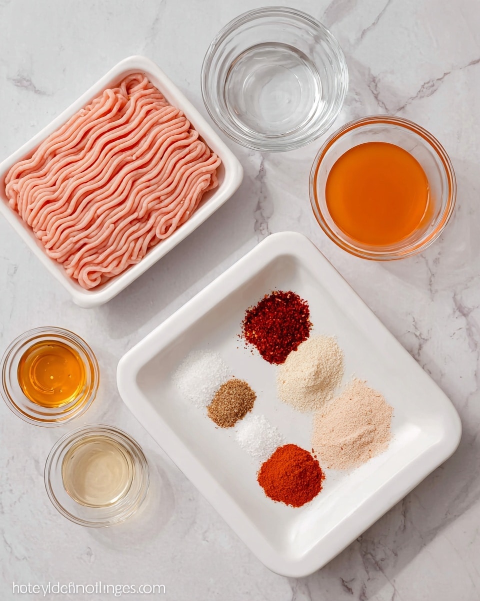 The image shows a white tray on the bottom left with light pink ground meat arranged in neat wavy lines. To the right, there is a white shallow dish with six piles of spices in different colors and textures: red chili flakes, light beige powder, white salt, light brown powder, bright red powder, and dark reddish-brown powder. Above this dish, there is a small white bowl with an orange liquid that looks like honey or syrup. At the top center, a clear glass bowl with a small amount of clear liquid is visible. Below that, three small clear glass bowls are lined up, each containing a different liquid: the left one is honey-colored, the middle one is a darker reddish-brown, and the right one is creamy white with specks. The whole scene is placed on a white marbled surface. Photo taken with an iphone --ar 4:5 --v 7