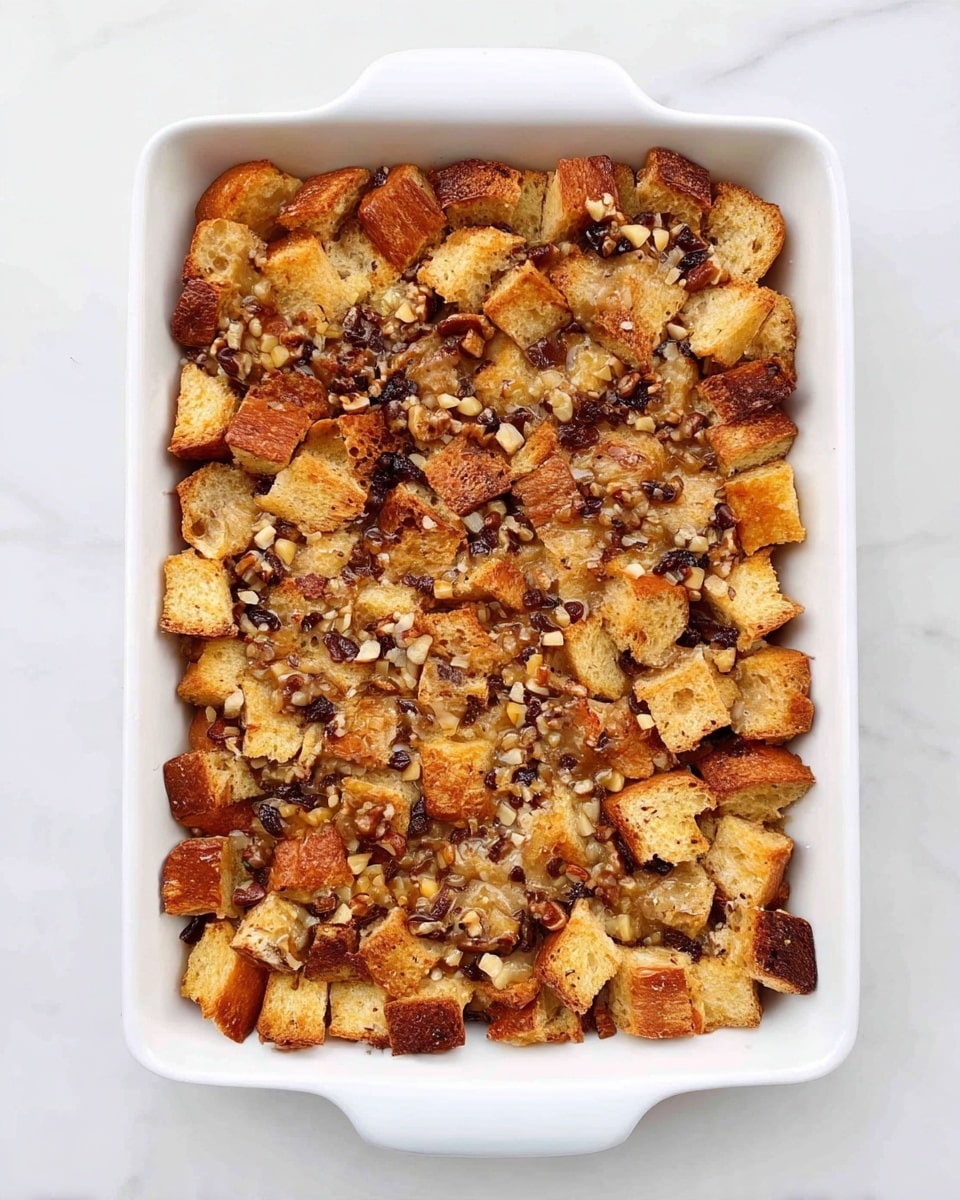 A white rectangular dish filled with one layer of toasted, golden-brown bread cubes mixed evenly with small pieces of light and dark brown nuts and golden raisins, all sitting on a white marbled surface. The bread cubes have a slightly crunchy texture on top, creating a rustic look with some darker toasted edges. The nuts add small crunchy textured spots throughout the dish, and the raisins add a shiny, slightly sticky look to some parts. The overall mix shows a blend of warm beige, brown, and yellow tones with a soft, baked finish photo taken with an iphone --ar 4:5 --v 7