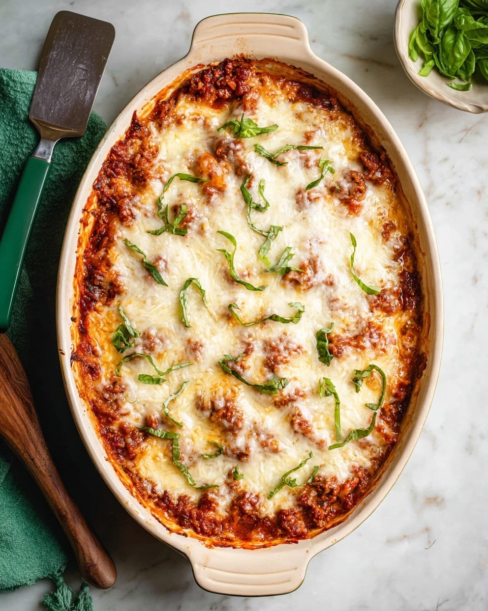 The image shows an oval white ceramic baking dish filled with a layered baked dish. The bottom layer is covered with a thick reddish-brown tomato sauce mixed with bits of browned meat. On top, there is an even layer of melted white cheese that looks soft and bubbly, slightly browned in some spots. Thin strips of fresh green basil leaves are scattered across the melted cheese. The dish sits on a white marbled surface with a green handle spatula on the left and a small white bowl with green basil leaves on the top right. Photo taken with an iphone --ar 4:5 --v 7
