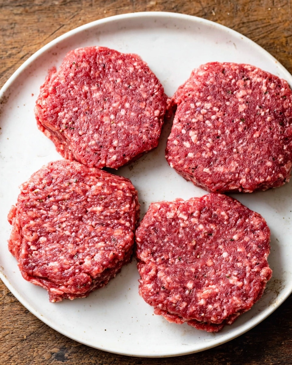 The image shows four raw beef patties placed on a large round white plate with a smooth texture. Each patty is thick and roughly shaped with uneven edges, displaying a mix of deep red and small white fat specks throughout, giving them a coarse texture. They are evenly spaced on the plate, which sits on a wooden surface that contrasts with the clean white plate. The patties appear fresh and uncooked, with slight variations in size and shape among them. Photo taken with an iphone --ar 4:5 --v 7