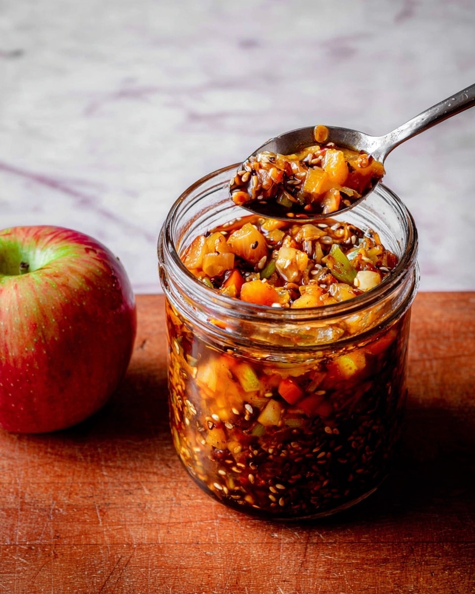 A clear glass jar filled with a colorful mix of small chopped orange and yellow vegetables, white sesame seeds, and some green bits, all soaked in a dark, glossy liquid. A silver spoon dips into the jar, holding a scoop of the chunky, textured mixture. To the left of the jar, there is a red and green apple resting on a white marbled surface. The background is a smooth, white marbled texture. photo taken with an iphone --ar 4:5 --v 7