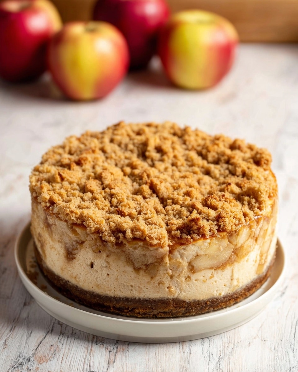 A round cake with three visible layers sits on a white plate on a white marbled surface. The bottom layer is a dark brown crust with a firm texture. The middle layer is thick, creamy, and pale beige, with bits of apple inside. The top layer is a golden crumbly streusel, with a rough and uneven texture covering the entire surface. In the background, slightly blurred, are three red and yellow apples. photo taken with an iphone --ar 4:5 --v 7