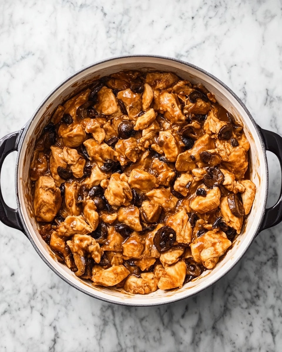The image shows a round white pot with black handles on each side placed on a white marbled surface. Inside the pot is one layer of chopped cooked chicken mixed with a thick brown sauce. Small dark brown mushrooms are spread evenly throughout the chicken and sauce, creating a textured look. The chicken pieces have a soft, slightly shiny texture, covered well by the sauce. The overall color palette inside the pot is warm, with different shades of brown dominating the dish. Photo taken with an iphone --ar 4:5 --v 7