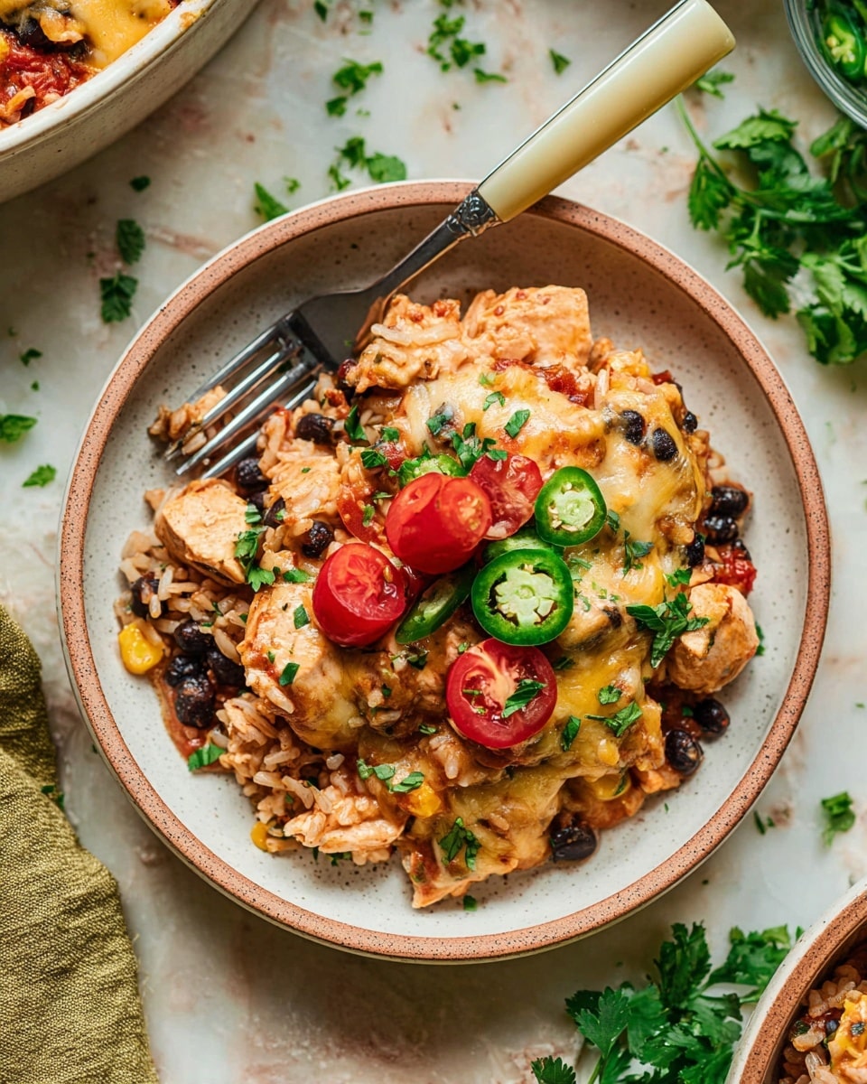 A close-up of a dish served in a shallow white bowl showing two layers: the bottom layer is a mix of rice, black beans, and chunks of cooked chicken with a slightly reddish sauce, and the top layer is melted cheese covering parts of the chicken and rice, scattered with sliced cherry tomatoes and green jalapeño rings. The dish is garnished with fresh chopped green herbs, and a fork with a cream-colored handle is placed on the edge of the bowl. The bowl is on a white marbled surface with some green leafy herbs nearby and parts of other bowls around. Photo taken with an iphone --ar 4:5 --v 7