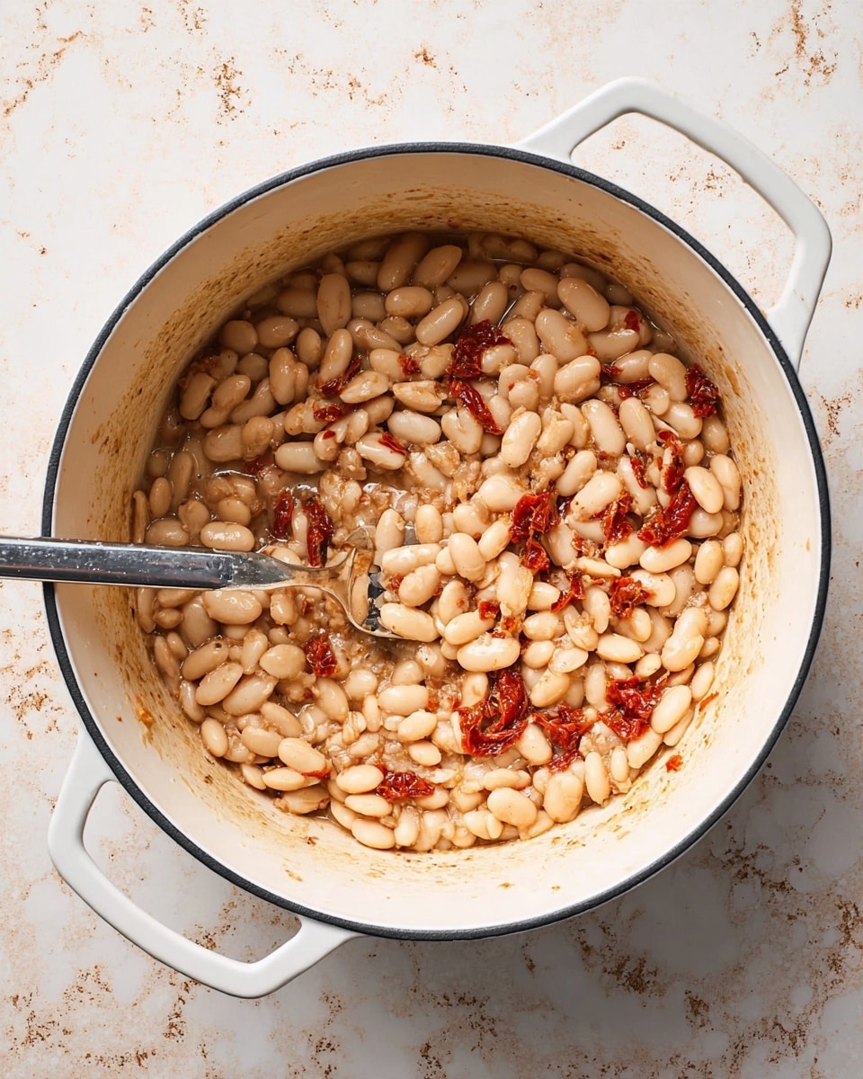 A white cooking pot filled with white beans and small pieces of red sun-dried tomatoes evenly mixed throughout. A silver fork is pressing down on the beans at the bottom left, mashing some beans into a soft, creamy texture while the rest remain whole and firm. The pot has two handles and a thin black rim on the inside edge. The pot is placed on a white marbled surface. Photo taken with an iphone --ar 4:5 --v 7