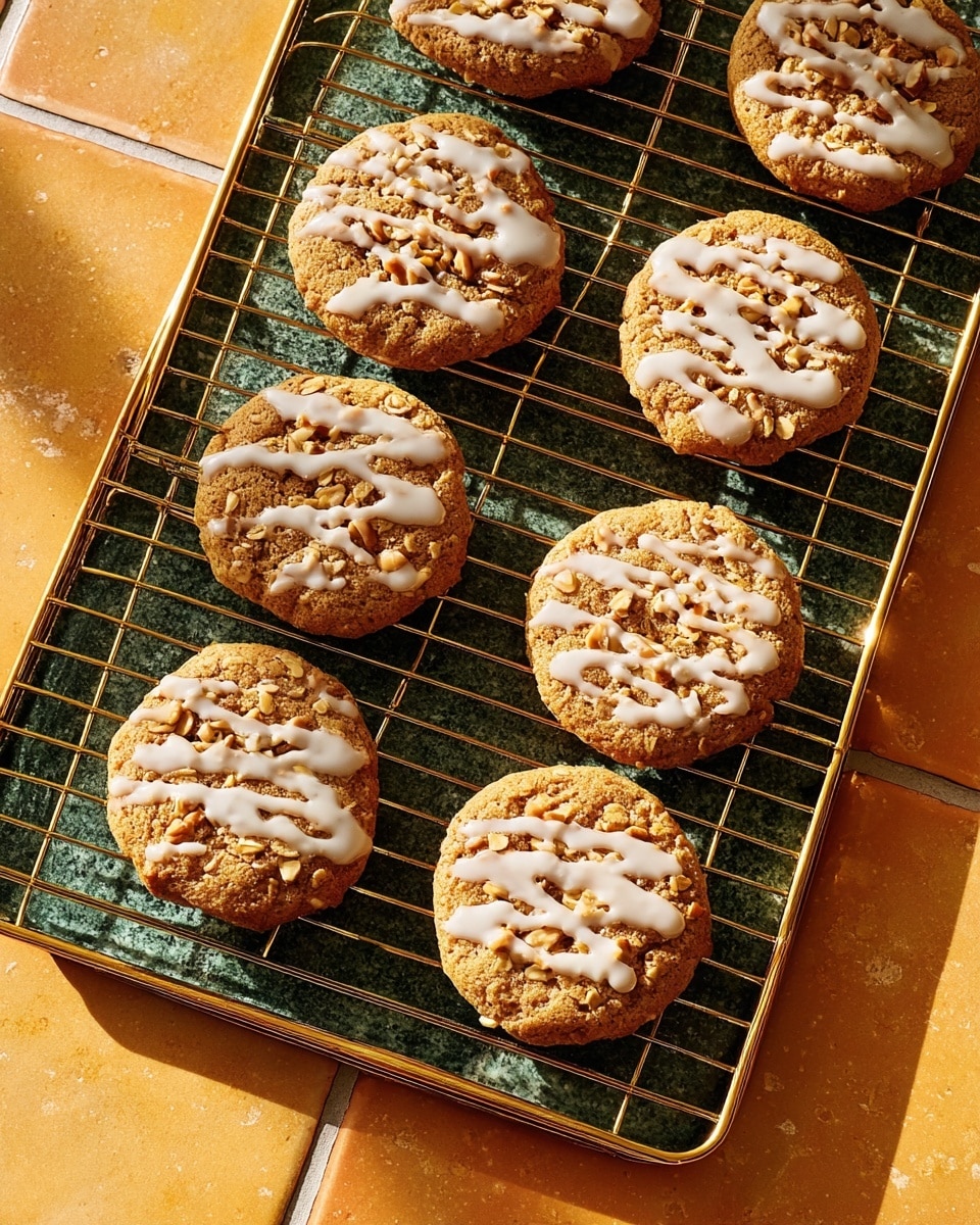 Six round cookies with a golden brown color are on a golden wire rack placed over a white marbled green baking tray. Each cookie has an uneven white icing drizzled on top, creating abstract patterns. The cookies have a textured surface with visible oats or nuts. The tray and wire rack sit on a warm-toned tiled surface, and soft natural light highlights the warm tones of the cookies. photo taken with an iphone --ar 4:5 --v 7