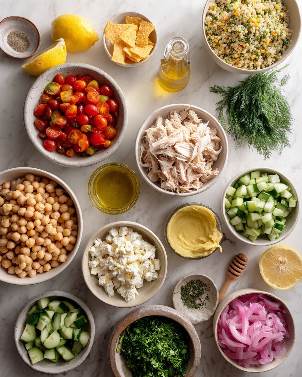 A top view of many white bowls on a white marbled surface, each filled with different colorful ingredients. The bowls include a light beige bowl with a quinoa blend showing a grainy texture, a bowl with bright red, halved cherry tomatoes, a bowl with light yellow pita chips, and a bowl with beige shredded rotisserie chicken. Smaller bowls hold fresh green chopped parsley, bright yellow tahini sauce, diced white feta cheese, light brown chickpeas, sliced green cucumbers, and small amounts of spices in beige and green tones. There is a glass container with yellow olive oil, a small bowl with minced garlic, fresh dill, honey with a wooden honey dipper, a cup with lemon juice next to two squeezed lemon halves, and pink pickled onions in a clear bowl. The colors are fresh and natural with a variety of textures, all arranged neatly and evenly spaced. Photo taken with an iphone --ar 4:5 --v 7