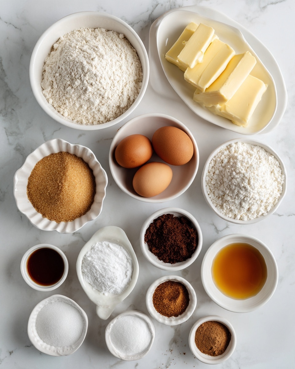 The image shows a flat lay of various baking ingredients on a white marbled surface, each in small white bowls or dishes. In the top right, two pale yellow sticks of butter sit on a white oval dish. Below and left are a large white bowl filled with all-purpose flour and a smaller white bowl with dark brown sugar. To the left, another white bowl holds a light brown sugar while a small white bowl in the center has powdered sugar piled high. Two brown eggs rest side by side in a white ridged dish near the top center. Several other small white bowls contain light corn syrup, salt, vanilla extract, ground cinnamon, granulated sugar, and a mix of cornstarch, baking powder, and baking soda on a white scalloped plate at the top left. The textures show fine powders, granular sugars, and smooth butter and eggs, arranged neatly with soft natural lighting. Photo taken with an iphone --ar 4:5 --v 7