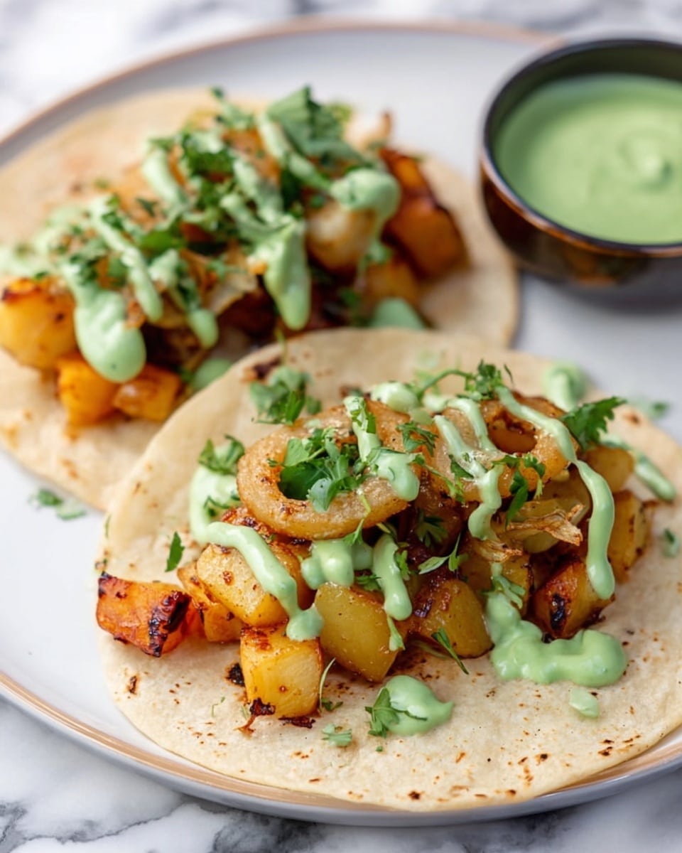 Two soft, light beige tortillas with slight char marks lie on a white plate over a white marbled surface. Each tortilla is topped with several chunks of golden brown roasted squash, sprinkled with crispy light brown fried onions, and scattered small green herb pieces. A creamy, pale green sauce is drizzled over the toppings in thick, smooth lines. To the side, there is a small brown bowl filled with the same green sauce. Some fresh green herb sprigs are placed beside the plate. Photo taken with an iphone --ar 4:5 --v 7