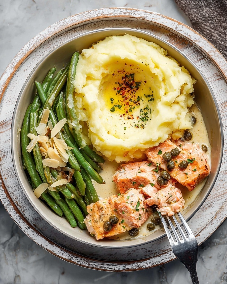 A white bowl holds a meal with three main parts arranged side by side. On the left, there are shiny green beans mixed with thin, light brown almond slices, showing a fresh and crisp texture. In the center, there is a large, creamy mound of yellow mashed potatoes with a small well in the middle filled with melted butter and sprinkled with black pepper and tiny green herbs. On the right, several pieces of light pink cooked salmon rest in a thick, creamy white sauce with small green capers on top, some parts slightly browned on the surface. A metal fork is placed partially in the salmon on the right edge of the bowl. The bowl sits on a round white wooden tray that is on a white marbled surface. photo taken with an iphone --ar 4:5 --v 7