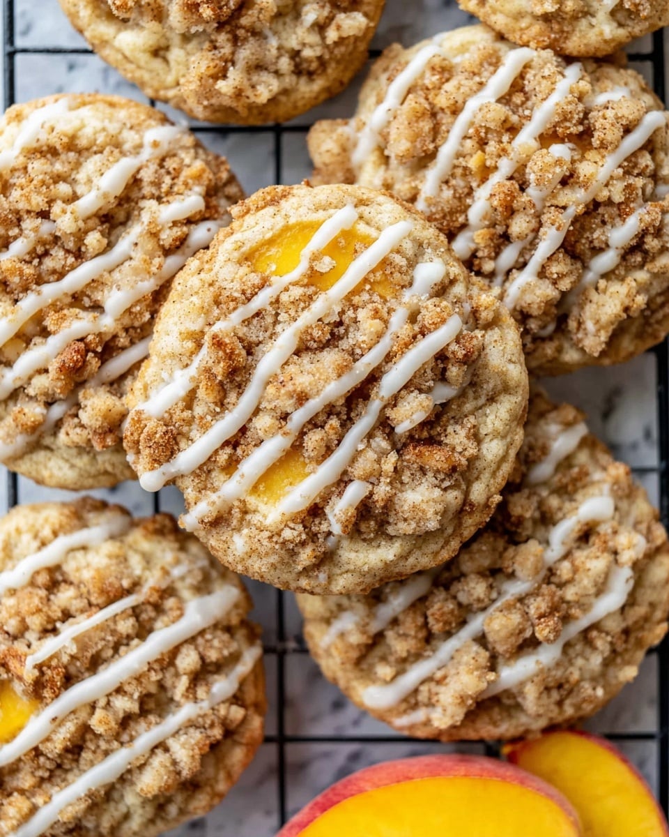 The image shows a close-up of several round cookies placed on a black cooling rack over a white marbled surface. Each cookie has two layers: the base is a light golden dough with a soft texture, and the top layer is a crumbly, brown streusel with rough chunks that look crunchy. These crumbs are scattered unevenly on the cookies. Drizzled white icing is spread over the crumb topping in thin, wavy lines. In the bottom right corner, a slice of bright orange peach adds a splash of color to the scene. Photo taken with an iphone --ar 4:5 --v 7