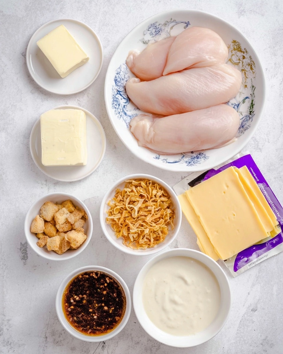 The image shows eight small white bowls and plates arranged on a white marbled surface, each holding different cooking ingredients. At the top center, a white bowl with a blue floral design holds four smooth, pale pink raw chicken pieces, layered slightly on each other. Below it, starting from left to right, are a small white plate with a butter square, a small bowl with dried crispy onions in light brown, and another small bowl filled with golden-brown seasoned croutons. On the bottom row, there is a bowl containing dark brown sauce with bits in it, next to it a small shallow bowl with a thick, shiny dark brown liquid, and then a larger bowl with creamy white sauce that looks smooth with small pepper specks. On the right side, partially lying on its purple packaging, is a stack of pale yellow sliced cheese with smooth edges. photo taken with an iphone --ar 4:5 --v 7