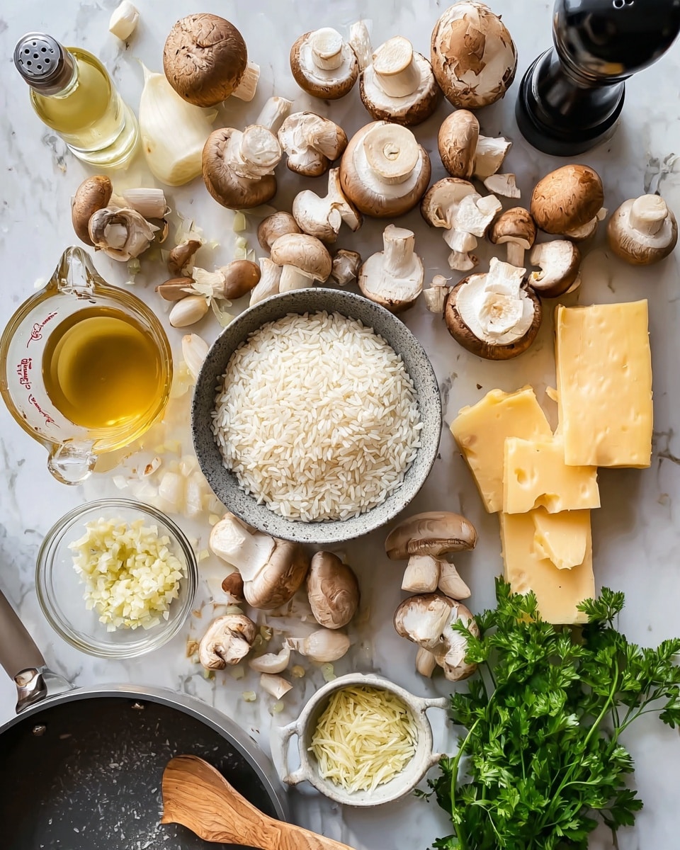 A collection of fresh ingredients arranged on a white marbled surface, featuring a gray bowl filled with plump, uncooked white rice placed near the top right. Surrounding the bowl are different types of mushrooms in various shades of brown and white, some whole and some sliced to show their light, smooth inner texture. To the right, there is a small bunch of bright green parsley adding a pop of color. Nearby are blocks of pale yellow cheese unwrapped halfway, a glass measuring cup filled with light golden broth, and a small glass bowl with finely chopped shallots. A black pepper grinder and a bottle of white wine are positioned toward the top left. The bottom left corner shows a glimpse of a dark gray pan with a wooden spoon resting inside. All the items are laid out clearly with natural lighting, photo taken with an iphone --ar 4:5 --v 7