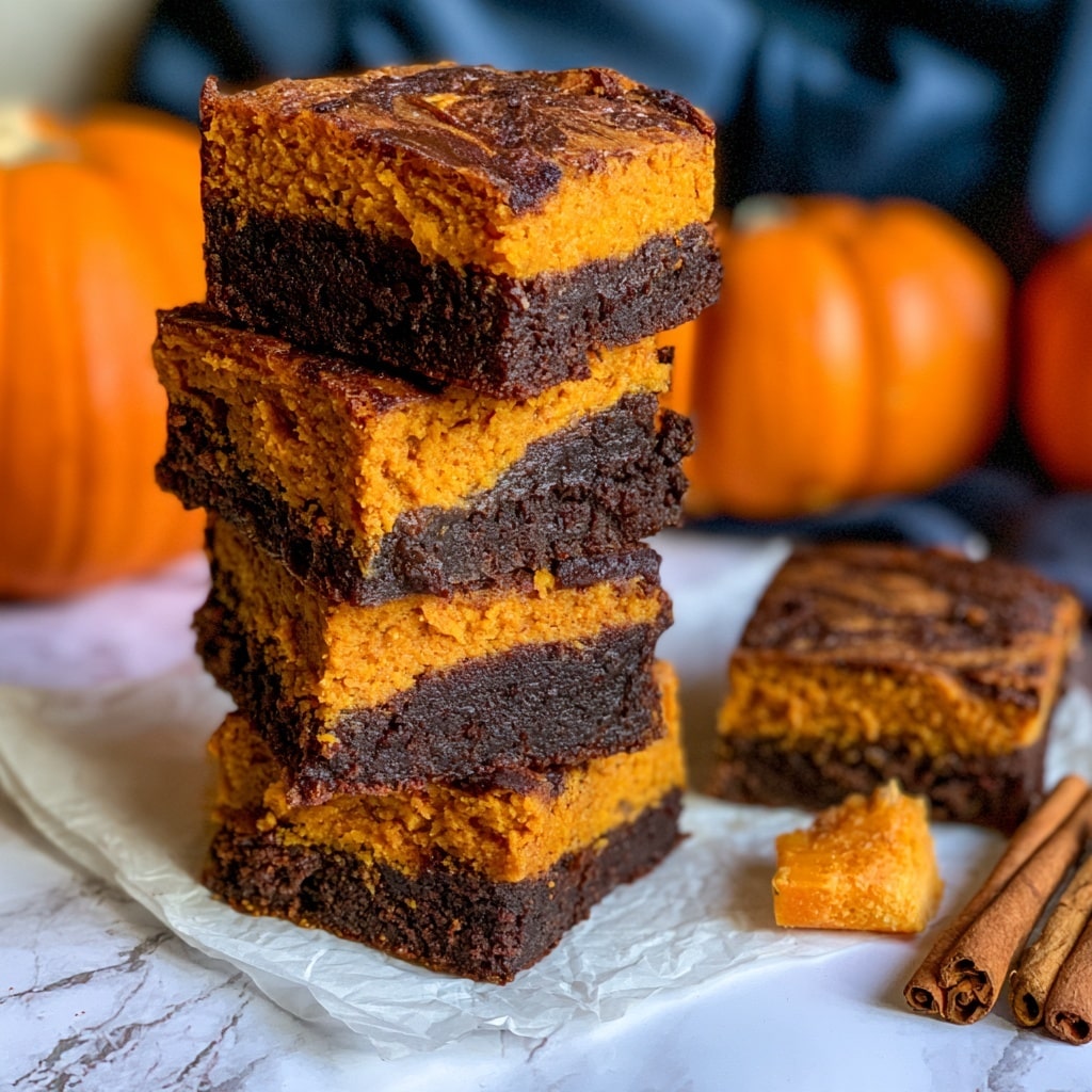 A tall stack of four square pumpkin and chocolate brownies with visible layers shows a thick orange pumpkin layer on top and a dark brown chocolate layer at the bottom, each piece with a slightly crumbly texture and marbled top mixing both colors, set on white parchment paper over a white marbled surface. To the right of the stack, a single brownie with similar layers lies flat, next to a small piece of pumpkin and two cinnamon sticks. The background features bright orange pumpkins and soft dark blue fabric, adding a cozy autumn feel. Photo taken with an iphone --ar 4:5 --v 7