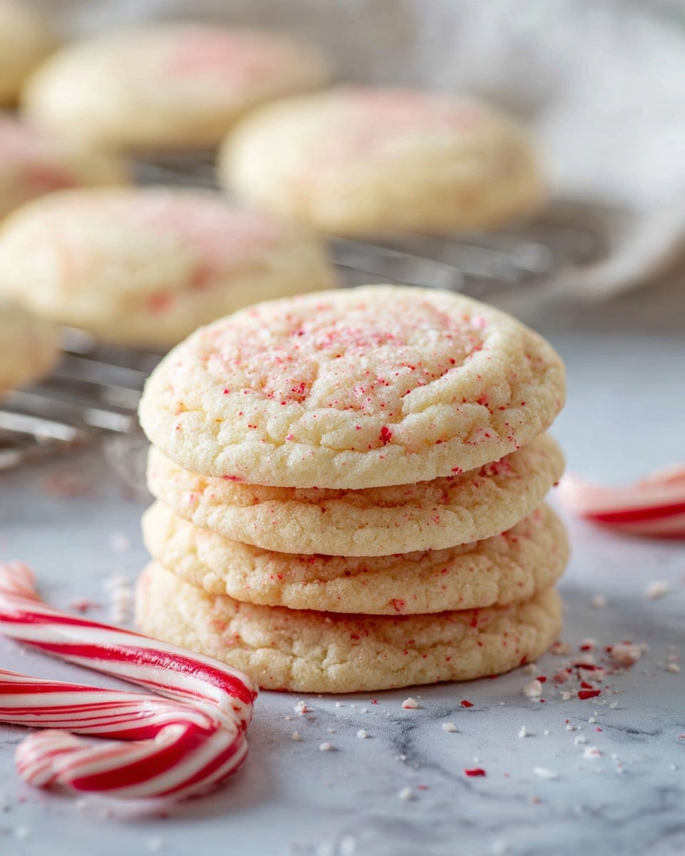 A stack of four round cookies with a light cream color and small red specks sits in the foreground on a white marbled surface; the cookies have a soft, slightly cracked texture with raised edges and a smoother center. Behind the stack is a wire cooling rack holding more cookies, slightly blurred to focus on the pile in front. Two red and white striped candy canes rest next to the cookie stack, adding a festive touch to the scene. The whole setup is softly lit, highlighting the cookies' delicate texture and the marbled surface beneath. photo taken with an iphone --ar 4:5 --v 7