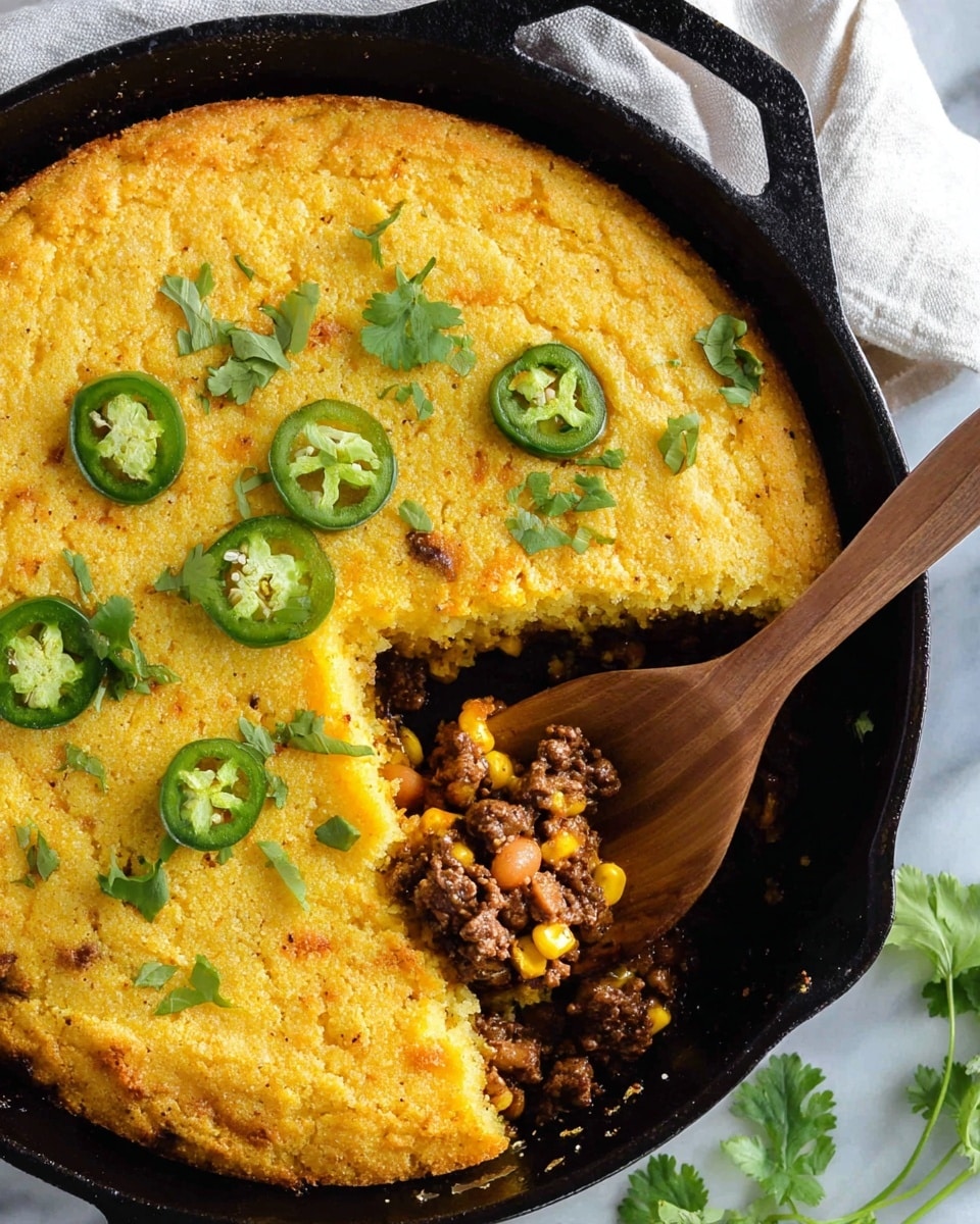 A black cast iron skillet holds a golden yellow cornbread layer with a rough, slightly cracked surface sprinkled with bright green jalapeño slices and cilantro leaves. A wooden spoon reveals a hidden meat layer underneath, showing cooked ground beef mixed with beans and corn in brown and orange colors. The skillet rests on a white marbled surface with some green cilantro leaves nearby. photo taken with an iphone --ar 4:5 --v 7
