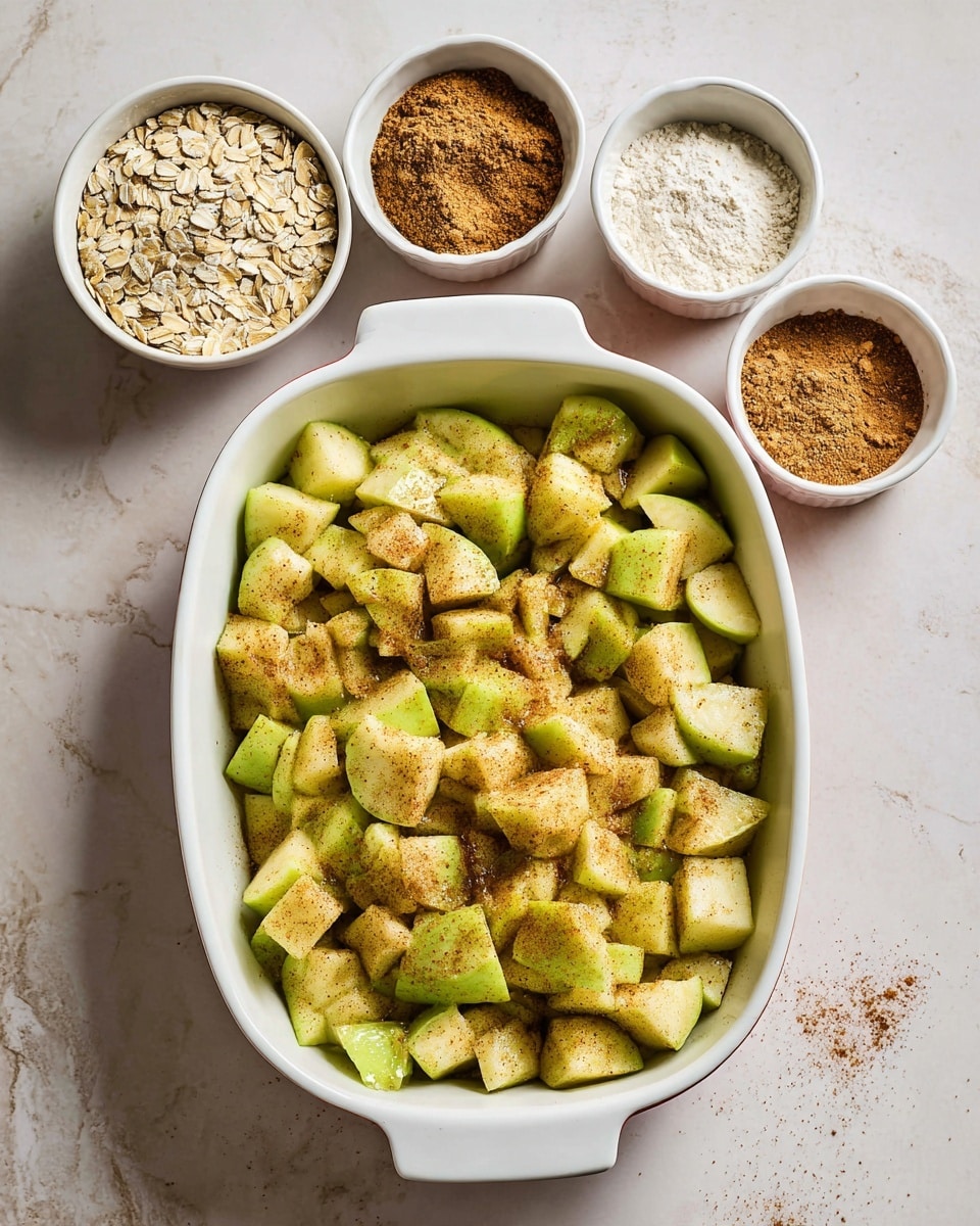 A white baking dish filled with a single layer of chopped green apples coated in a light cinnamon spice mix, the apple pieces are irregular in size and arranged loosely. Surrounding the dish on a white marbled surface are four small white bowls containing rolled oats, flour, brown sugar, and ground cinnamon. The scene is softly lit from above, highlighting the textures and colors of the ingredients. photo taken with an iphone --ar 4:5 --v 7