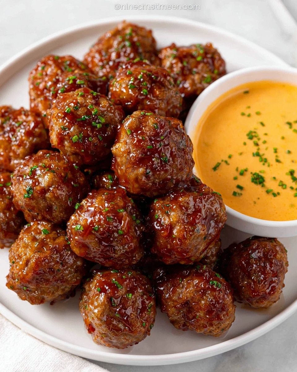 A white plate filled with a pile of small, round meatballs that have a shiny, sticky, dark brown glaze and are sprinkled with small pieces of green herbs. To the right side of the plate, there is a small white bowl filled with a creamy orange dipping sauce that has tiny green herb bits on top. The plate is set on a white marbled surface. photo taken with an iphone --ar 4:5 --v 7