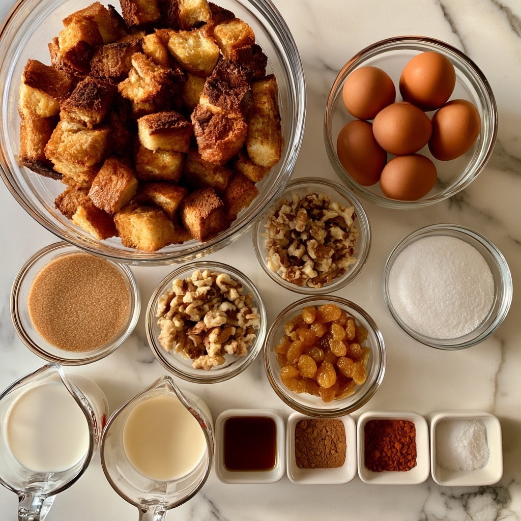 A top-down view of ingredients neatly arranged on a white marbled surface, featuring a large clear glass bowl filled with golden tan brioche bread cubes in the top left. To the right, a smaller clear glass bowl holds five brown eggs. Below the eggs, there is a small clear bowl of light brown sugar, another small clear bowl with chopped walnuts showing a mix of beige and brown, and a small clear bowl of golden raisins. On the far right, a small clear bowl contains white granulated sugar. Along the bottom, from left to right, are two clear measuring pitchers filled with white milk and creamy heavy cream. Next to these, small white square dishes hold dark amber vanilla extract, light brown cinnamon powder, reddish-brown nutmeg powder, and white salt. Each ingredient is clearly labeled in bold black text above or around the bowls and dishes. The photo is taken with an iphone --ar 4:5 --v 7