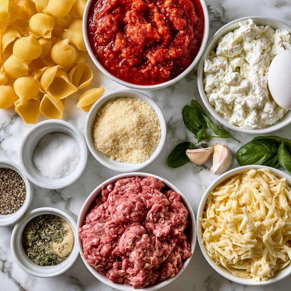 The image shows several white bowls filled with different ingredients placed on a white marbled surface. Starting from the top left, there are yellow jumbo shells scattered beside a bowl filled with thick red marinara sauce, textured with visible chunks. Below the shells, a white bowl holds pale grated parmesan cheese, next to a small bowl containing salt and pepper. To the right, another white bowl is full of white, creamy cottage cheese with an egg placed beside it. Nearby, there are two cloves of garlic and fresh green basil leaves scattered around. Toward the bottom, a white bowl contains fresh ground beef with a pinkish texture, and next to it is another white bowl filled with shredded mozzarella cheese, which is light yellow in color. The small bowl holding dried herbs and seasoning adds green and beige tones to the mix. Photo taken with an iphone --ar 4:5 --v 7